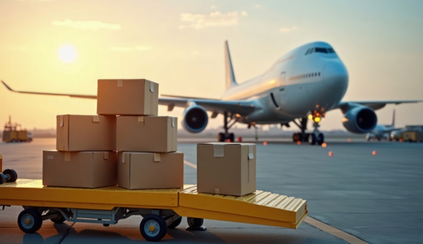 A cargo aircraft behind a stack of boxes